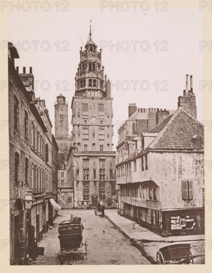 View of the Rue des Barricades and the bell tower of the Calais Town Hall, Calais, Le Beffroi & la