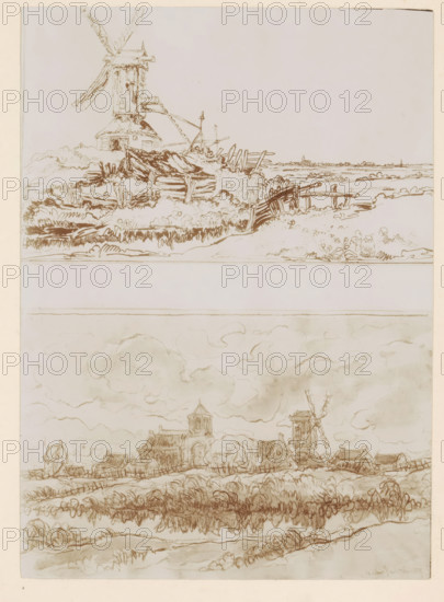 Photo reproduction of two drawings of windmills in a landscape by Willem Linnig (II), photograph,