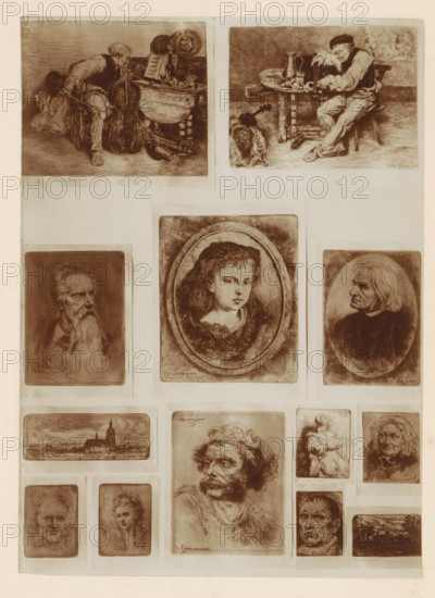 Photo reproduction of thirteen etchings of portraits of musicians and unknown people and landscapes