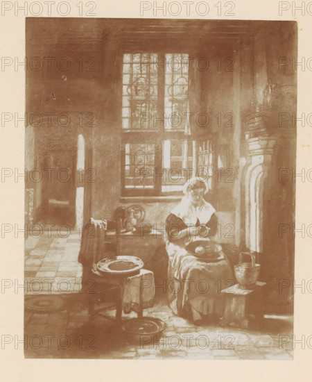 Photo reproduction of a painting of a woman peeling potatoes in a kitchen by Willem Linnig (II),