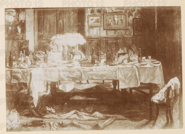 Photo reproduction of a painting of a table with remnants of a feast on it by Willem Linnig (II),