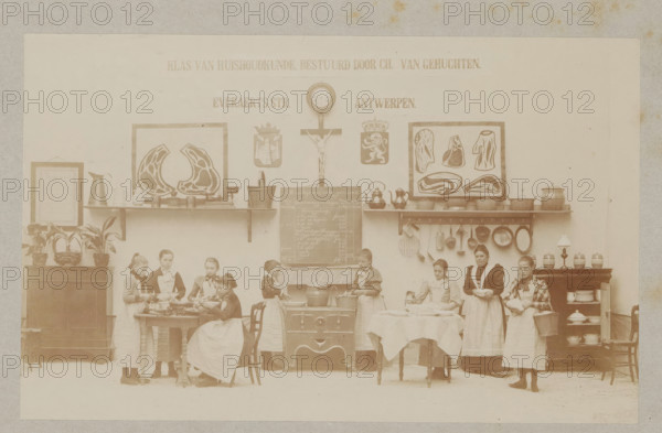 View of a home economics class, photograph, page, Antwerp, c. 1888 - in or before 1893,