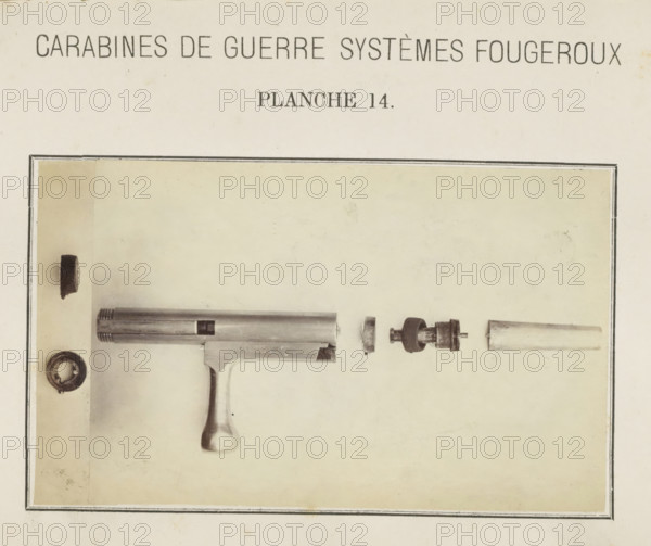 Safety catch of a rifle in parts, photograph, page, number: 'Planche 14.', inscription: 'Carabines