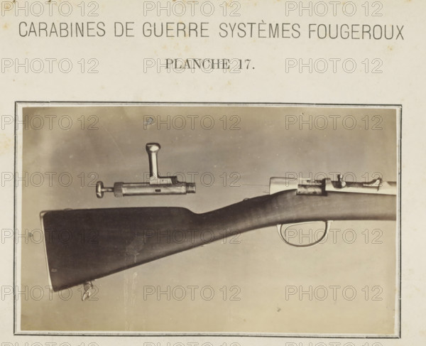 Butt of a rifle and the safety catch, photograph, page, inscription: 'Carabines de guerres systèmes