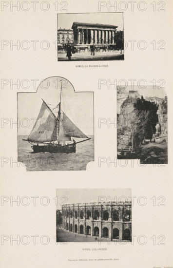 Photomontage of the Maison Carrée, the arena and views around Nimes, page, photomechanical print,