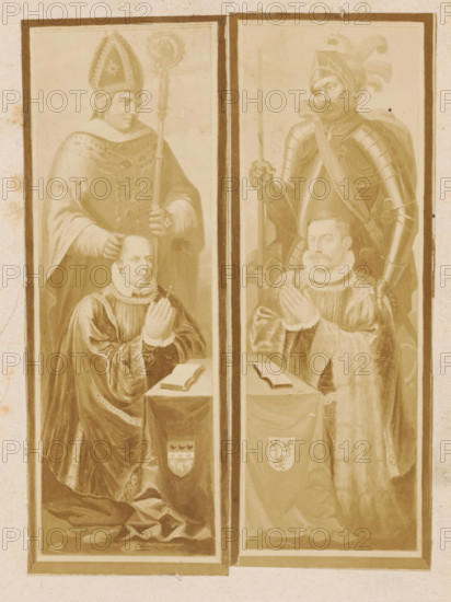 Photo reproduction of a design of a praying man, with a soldier behind him, photograph,
