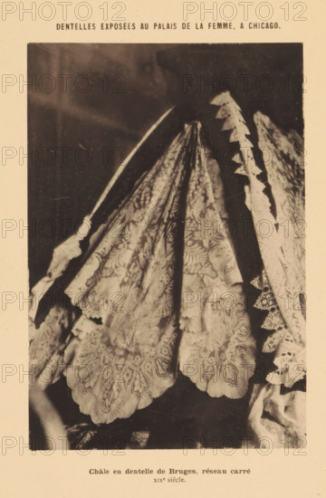 Lace scarf, Châle en dentelle de Bruges, réseau carré, Dentelles exposées au Palais de la Femme, a
