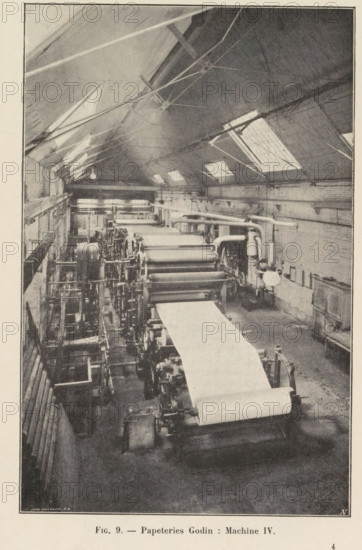 View of a paper production machine at the Godin paper mill in Huy, page, photomechanical print,
