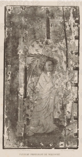 Photo reproduction of one of the Walcourt panels, the Annunciation, Panneau provenant de Walcourt,