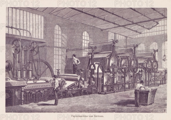 Reproduction of an engraving of a paper machine, Bertram Paper Machine, reproduction, page,