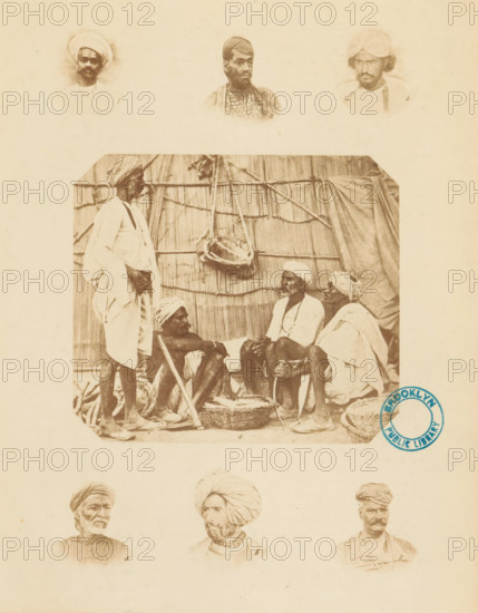 Collection of portraits and a company of Indian men illustrating various types of turbans. Plain