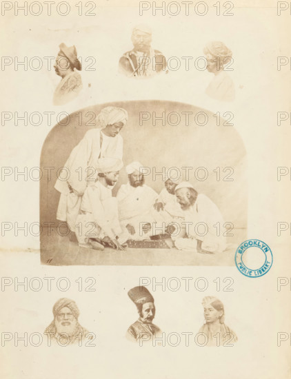 Collection of portraits and a company of Indian men illustrating various types of turbans, Turbans.