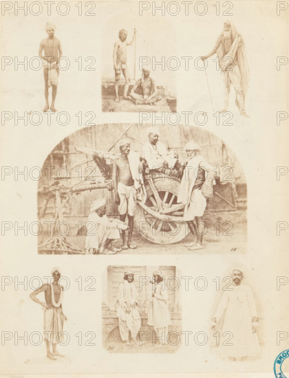 Male attire. cotton., Collection of portraits and a company of Indian men illustrating various
