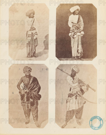 Male attire. cotton and silk., Photo reproduction with four portraits of Indian men illustrating