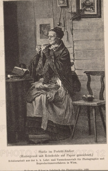 Studio portrait of an unknown seamstress, page, photomechanical print, inscription: 'Studio im