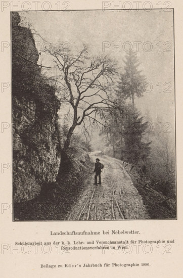Fog landscape with figure on the road, page, photomechanical print, monogram: 'AC', inscription: