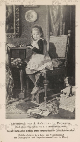 Reproduction of a painting of a writing girl by Joseph Eugen Hörwarter, reproduction, page,