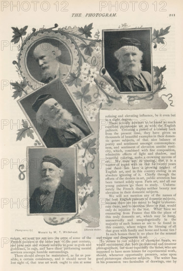 Photomontage of four portraits of unknown men with an illustration by WT Whitehead, page,