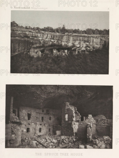 Two views of a cliff dwelling, Spruce Tree House, in Mesa Verde National Park, The Spruce Tree