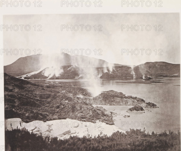 View of Lake Rotomahana and the Pink Terraces, page, photomechanical print, photographer: Daniel