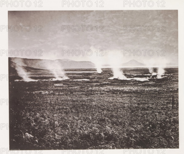 View of geysers along Lake Taupo, page, photomechanical print, photographer: Daniel Louis Mundy,
