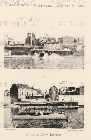Two views of a water ramp during the world exhibition in Antwerp, Chez le Capne Boyton, page,
