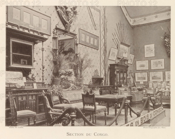Exhibition of wooden furniture from Congo at the world exhibition in Antwerp, Section du Congo,