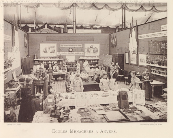 Girls and women in a studio of the domestic science school during the world exhibition in Antwerp,