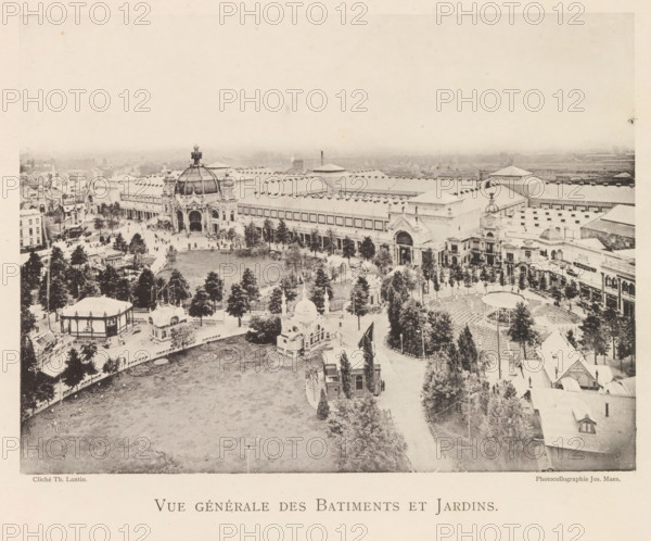 Vue générale des batiments et jardins, View of the world exhibition in Antwerp, page,