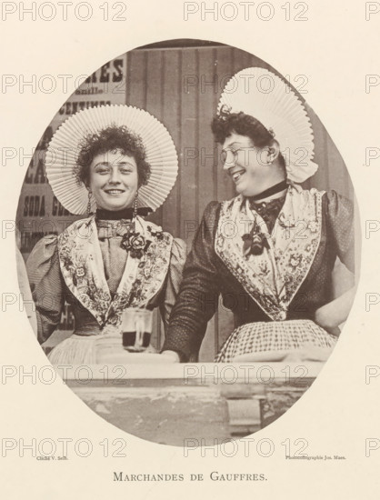 Portrait of two waffle sellers in Antwerp, Marchandes de gauffres, page, photomechanical print,