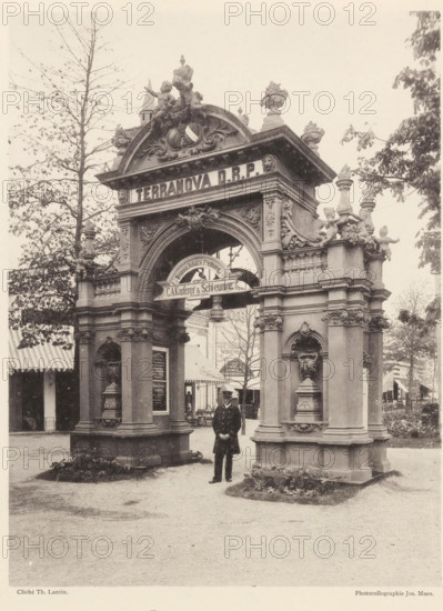 Pavillon au jardin, Gate at the world exhibition in Antwerp, page, photomechanical print,
