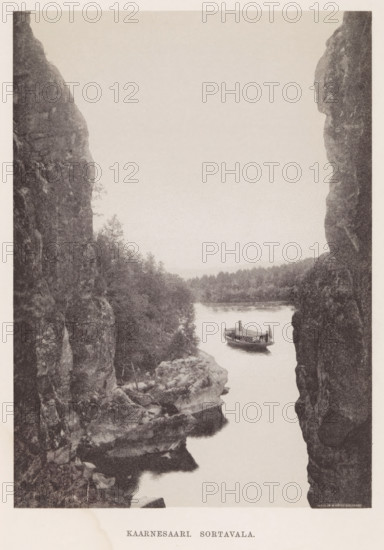 View of a steamboat launching from a spot between two rocks, Kaarnesaari. Sortavala, page,