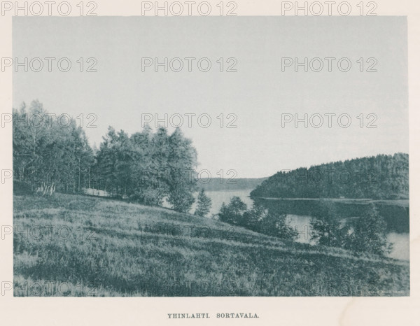 View of a river in a landscape with trees, Yhinlahti Sortavalan, page, photomechanical print,