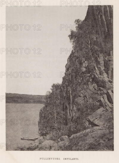 Rock wall on a body of water with an empty canoe, Pullinvuori Impilahti, page, photomechanical
