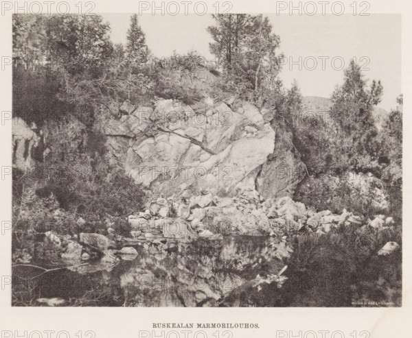View of rocks by a body of water, Hämekoski. Ruskeala, page, photomechanical print, photographer: