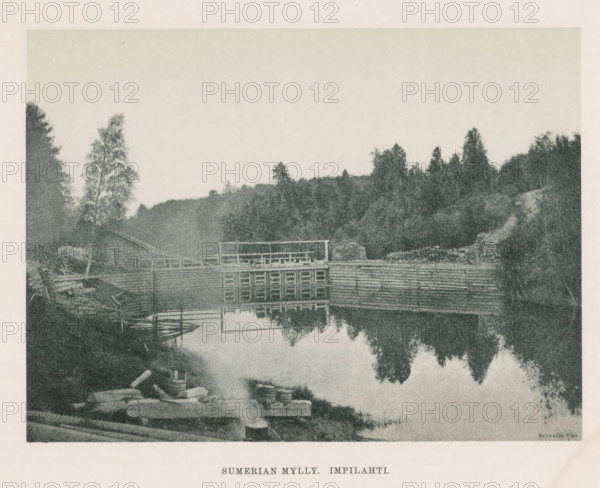 Sumerian Mylly. Impilahti, View of waterworks in a river, page, photomechanical print,