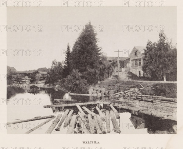 View of tree trunks in the water and houses around the water, Wärtsilä, page, photomechanical