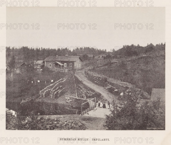 View of a path through a hilly landscape with houses, Sumerian mylly. Impilahti, page,