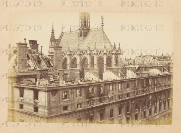 View of a destroyed Palace of Justice in Paris, Ensemble du Palais de Justice, photograph, page,