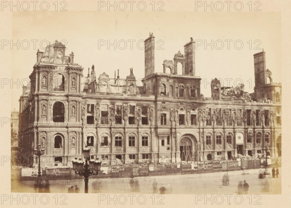 City Hall, View of the ruined Paris City Hall, photograph, page, 1871, photographer, Paris, paper,
