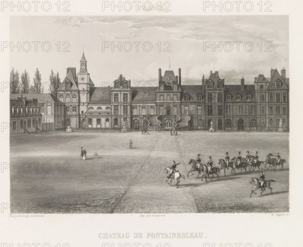 Courtyard of the Castle of Fontainebleau, Chateau de Fontainebleau, France, print, page,