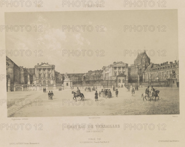 Chateau de Versailles cour d'honneur, View of the Palace of Versailles, France, print, page,