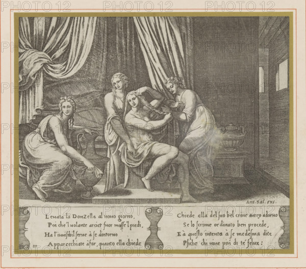 Photo reproduction of an engraving depicting Psyche's toilet, La toilette de Psyché fac-simile