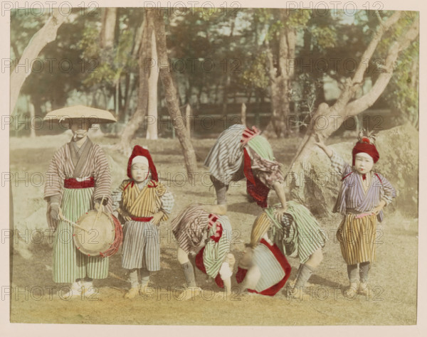 Child acrobats and their attendant in a park, photograph, page, Japan, c. 1887 - in or before 1897,