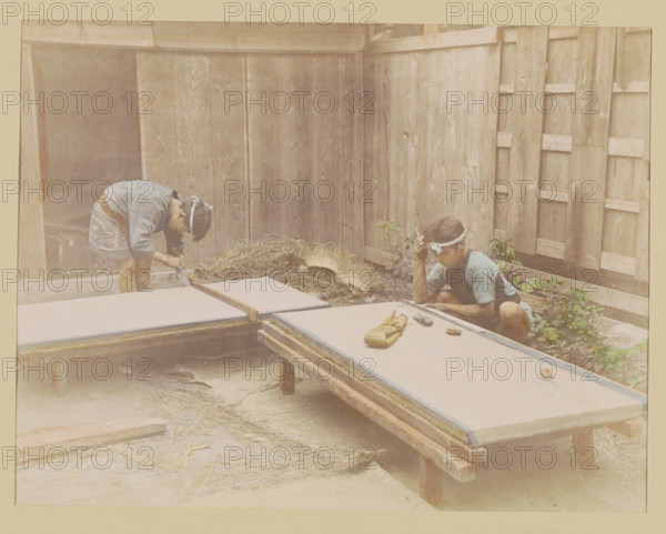 Two mat makers at work, photograph, page, Japan, c. 1887 - in or before 1897, photographer, colorer