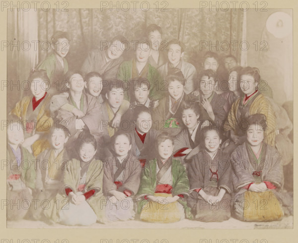 Group portrait of laughing boys and girls, photograph, page, Japan, c. 1887 - in or before 1897,