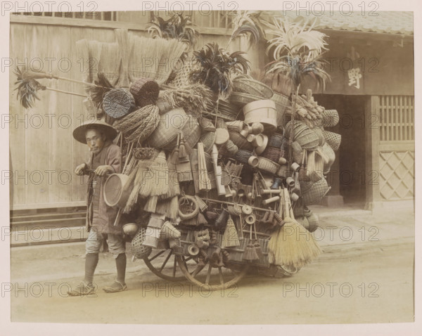 Itinerant merchant with a handcart and merchandise, photograph, page, Japan, c. 1887 - in or before