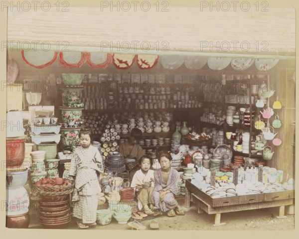 Shop with pottery, photograph, page, Japan, c. 1887 - in or before 1897, photographer, colorer