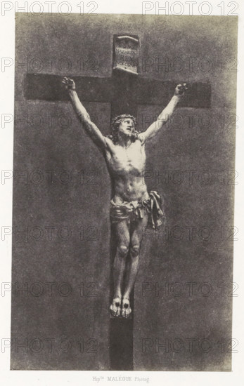 Ivory crucifix from the cathedral of Le Puy, Christ en ivoire, photograph, page, inscription: