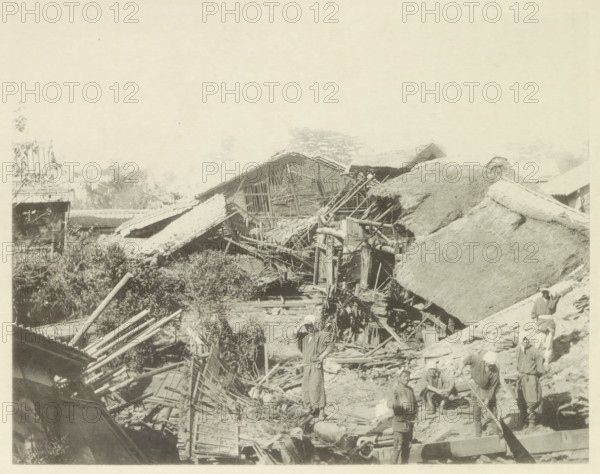Destroyed houses in Biwajima after an earthquake, page, photomechanical print, Japan, cliché maker: